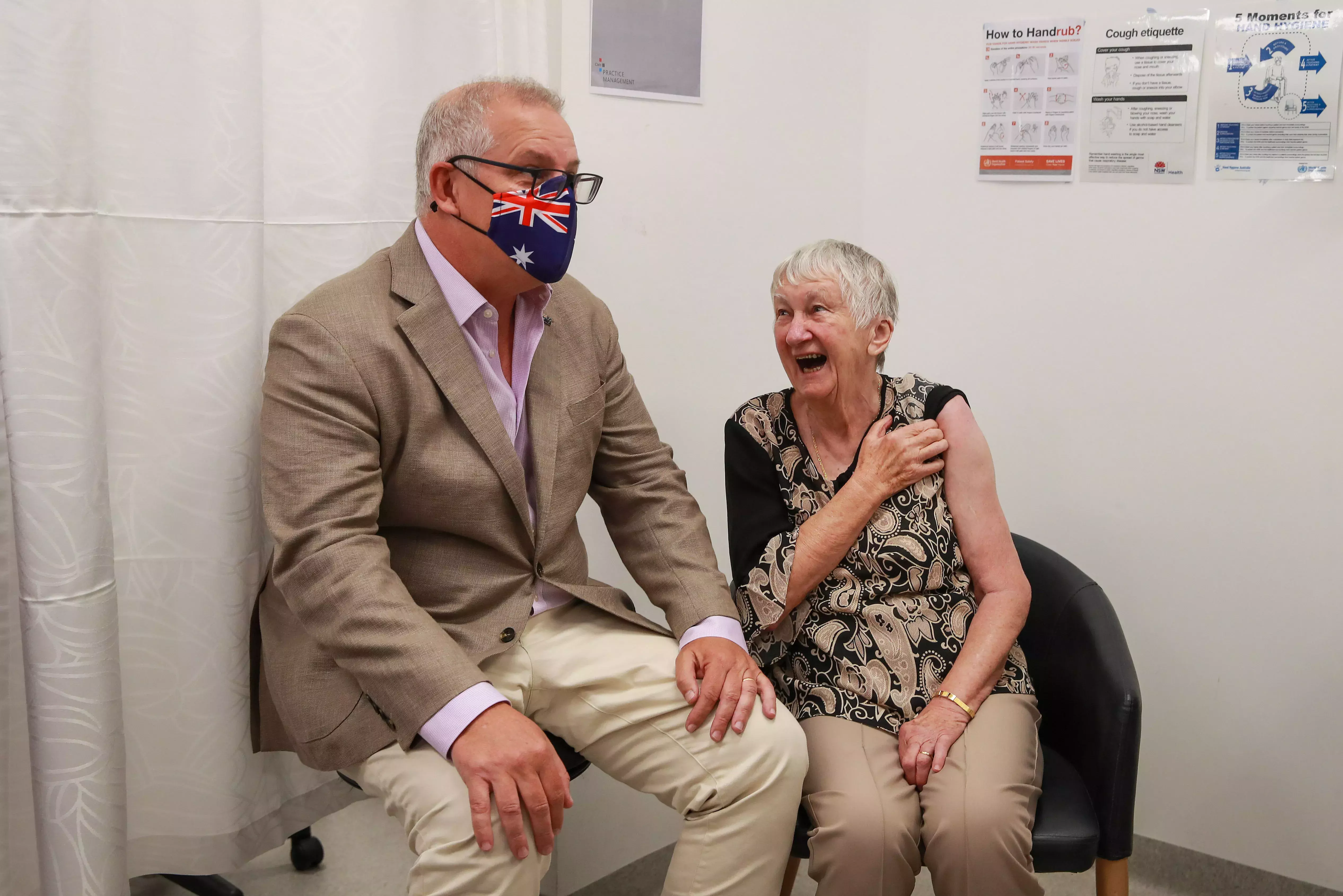 Prime Minister Scott Morrison with Jane Malysiak, an aged care resident, who was first person in Australia to have the Covid-19 vaccine, at the Castle Hill Medical Centre in Sydney, New South Wales.  