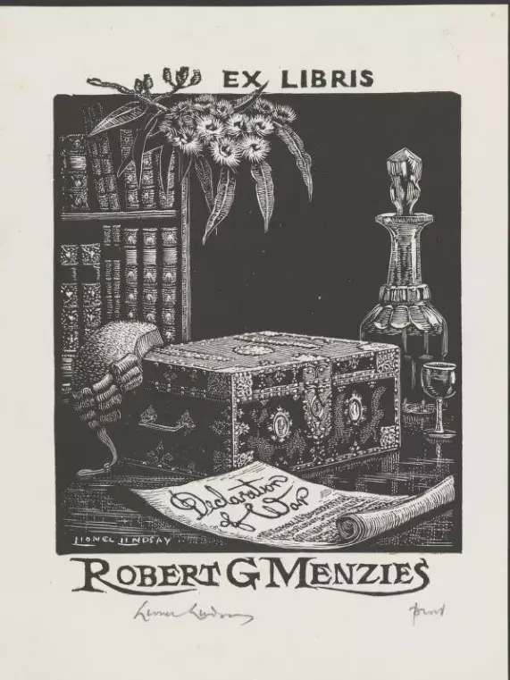 A black and white bookplate of a desk with a small chest, a wig and a document that says 'Declaration of war'. 