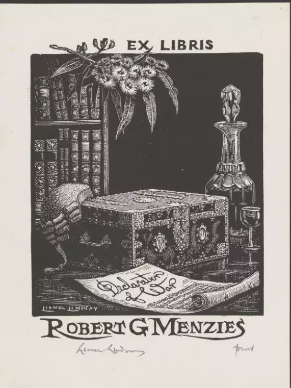 A black and white bookplate of a desk with a small chest, a wig and a document that says 'Declaration of war'.