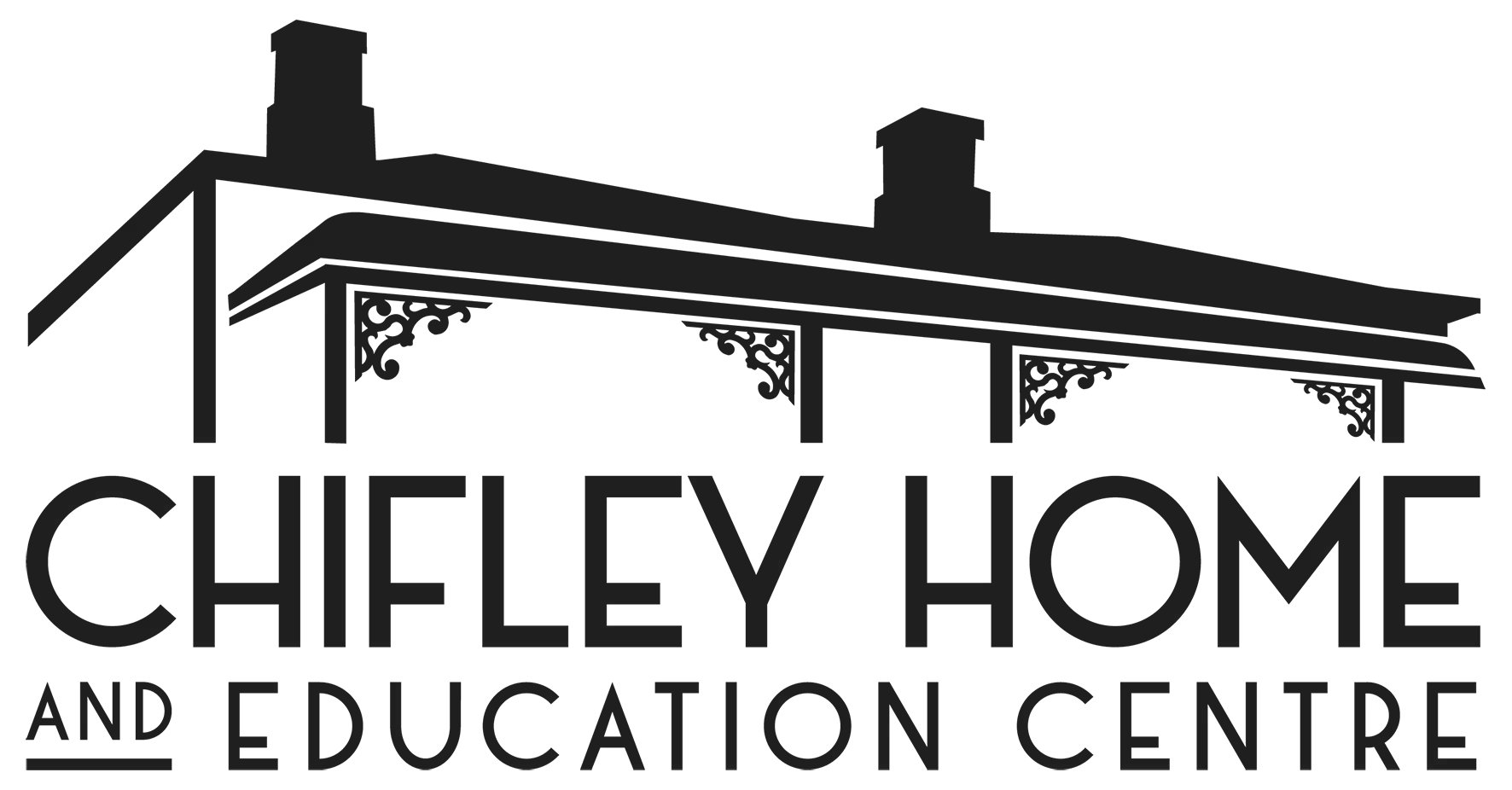 Black and white logo of Chifley Home Education Centre featuring the outline of a house with two chimmneys.  